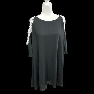 Aofur black mini dress cold shoulder chiffon with embroidered lace